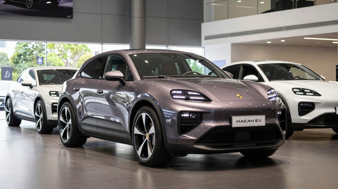 SUV Porsche Macan EV exibido em showroom moderno com outros veículos ao fundo.