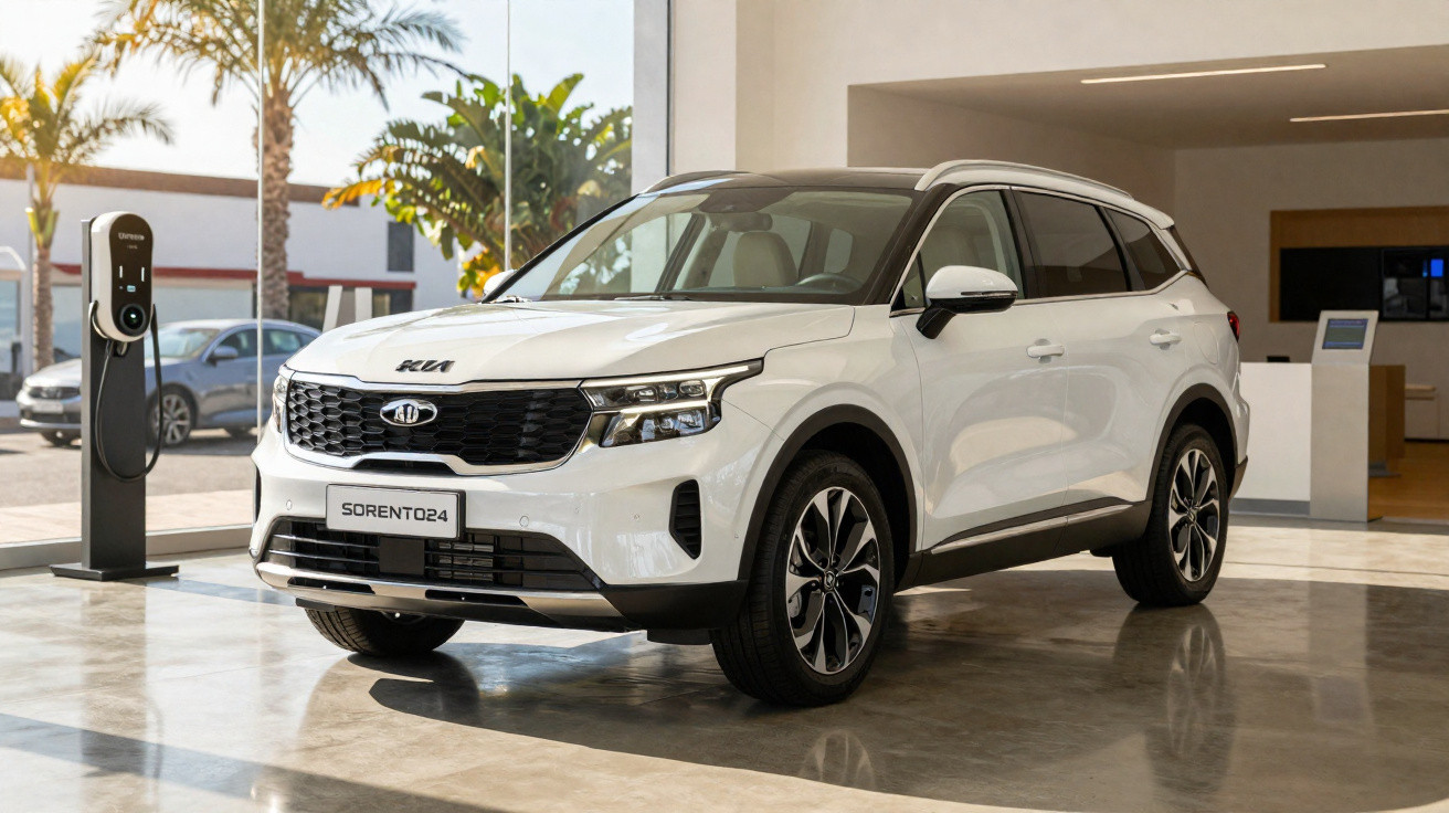 Carro SUV Kia Sorento branco estacionado em showroom com carregador elétrico ao lado e palmeiras ao fundo.