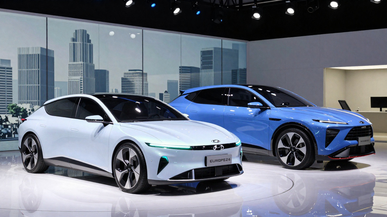 Dois carros elétricos modernos em exposição, um branco e outro azul, em ambiente interno com fundo urbano.