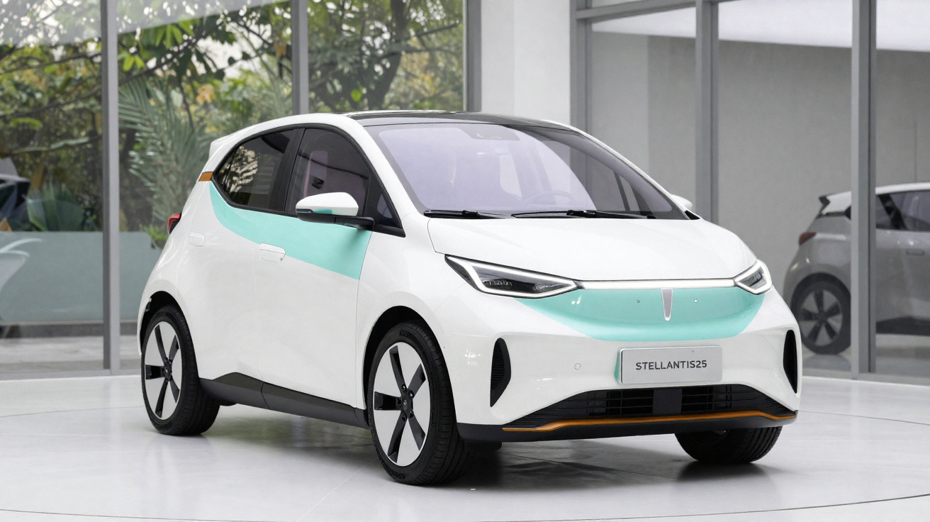 Carro elétrico branco com detalhes azul claro exibido em ambiente interno moderno.
