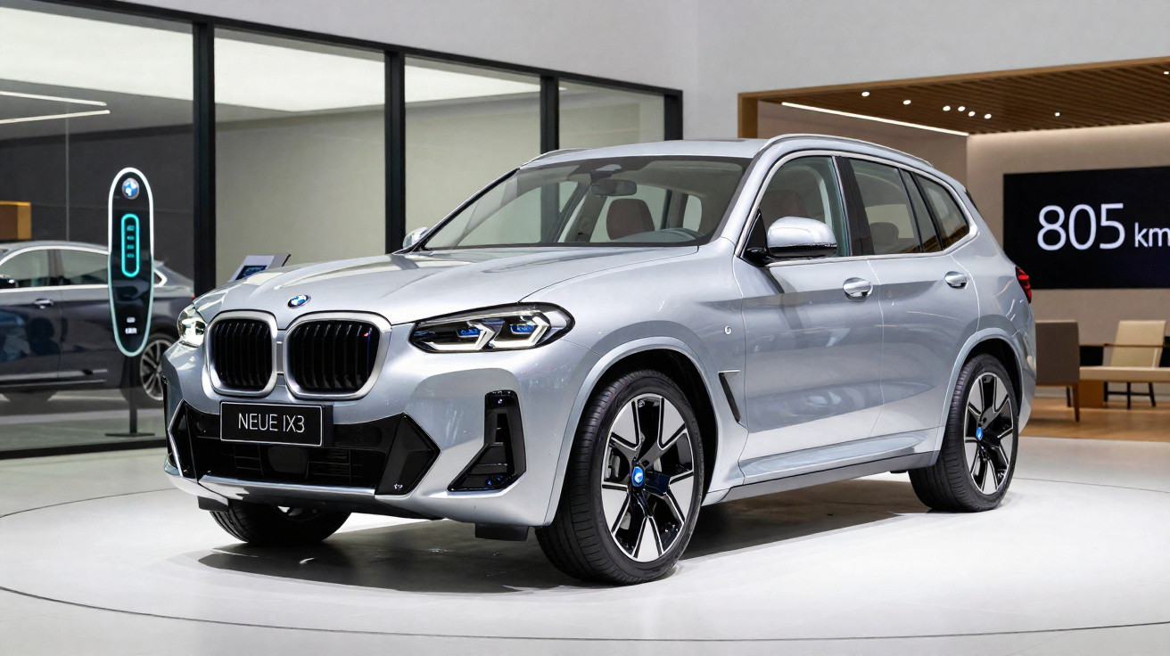 SUV BMW elétrica prata modelo Neue IX3 exibida em showroom moderno com painel indicando 805 km de autonomia.