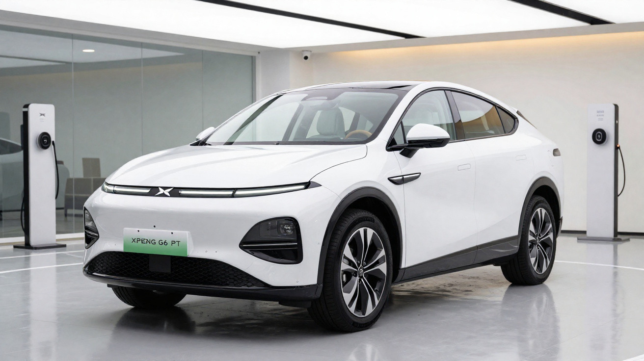 Carro elétrico branco XPeng G6 PT em showroom moderno com estações de recarga ao fundo.
