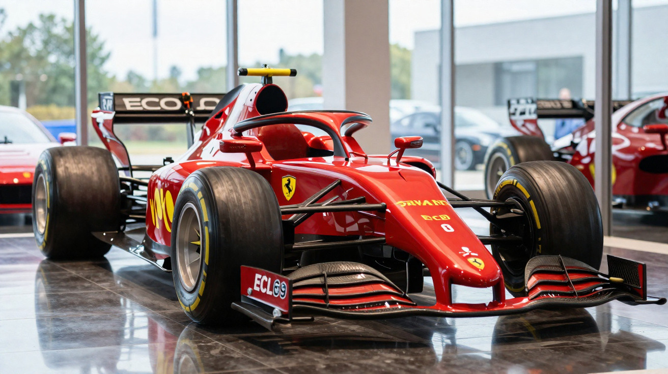 Carro de Fórmula 1 vermelho da Ferrari em exposição dentro de ambiente moderno e iluminado.