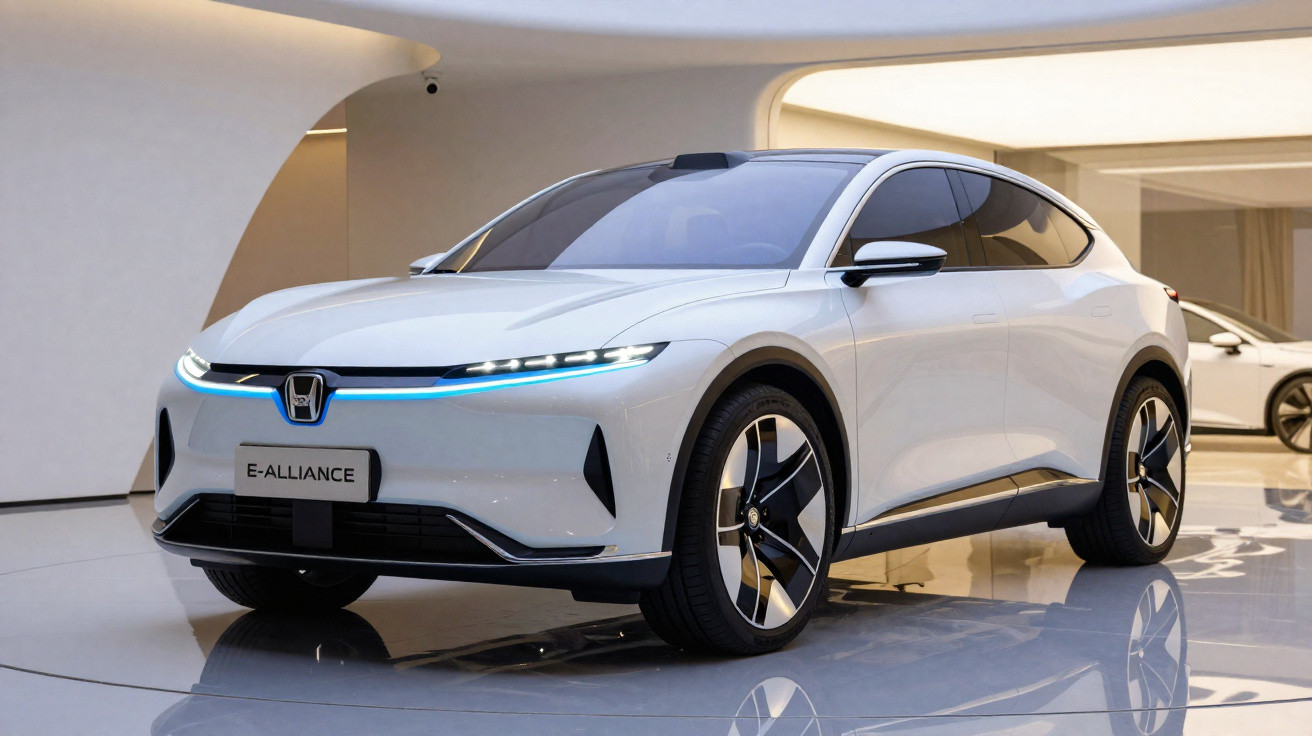 Carro elétrico branco Honda E-Alliance em exposição dentro de ambiente moderno e iluminado.