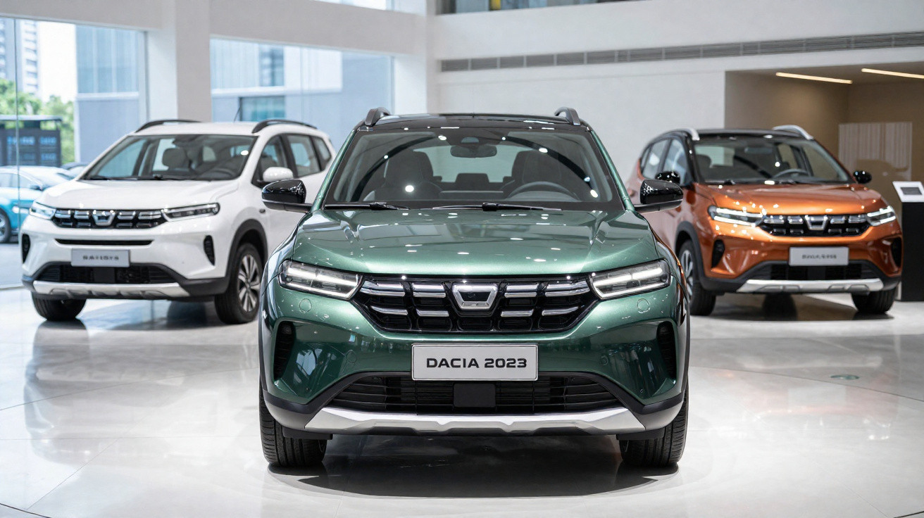 Três SUVs Dacia 2023 em exposição, nas cores verde, branca e laranja, dentro de showroom moderno.