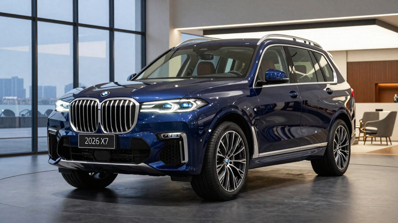 BMW X7 2026 na cor azul estacionado em ambiente interno moderno com janelas grandes.