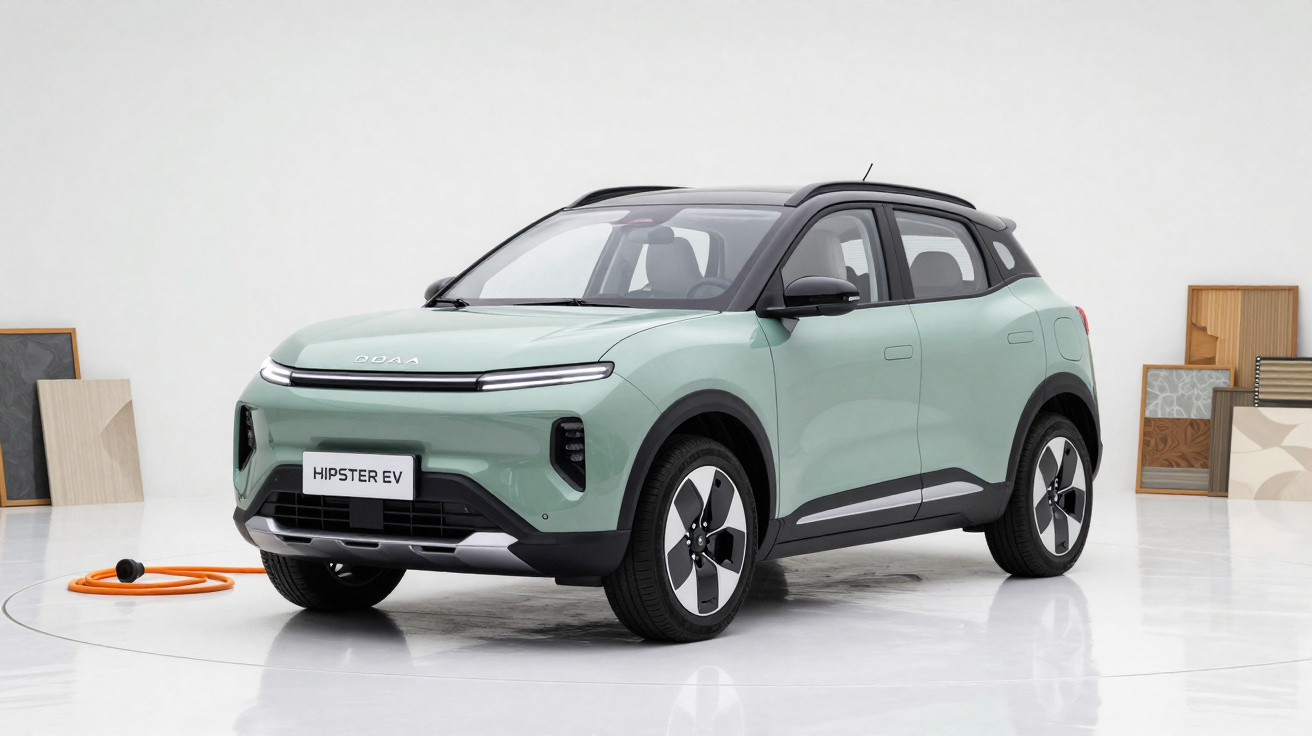 SUV elétrico verde claro com detalhes pretos, carregando em tomada laranja em ambiente minimalista.