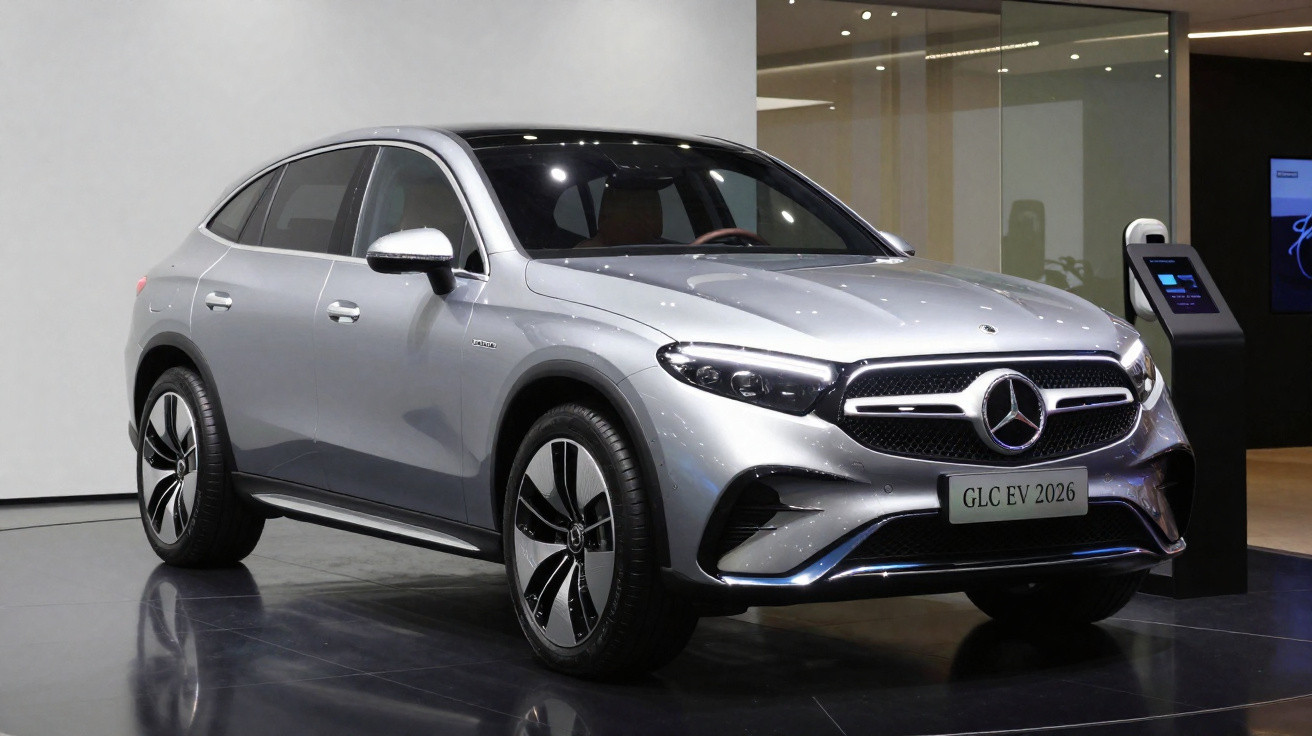 Carro elétrico Mercedes-Benz GLC EV 2026 prata exposto em ambiente interno moderno.