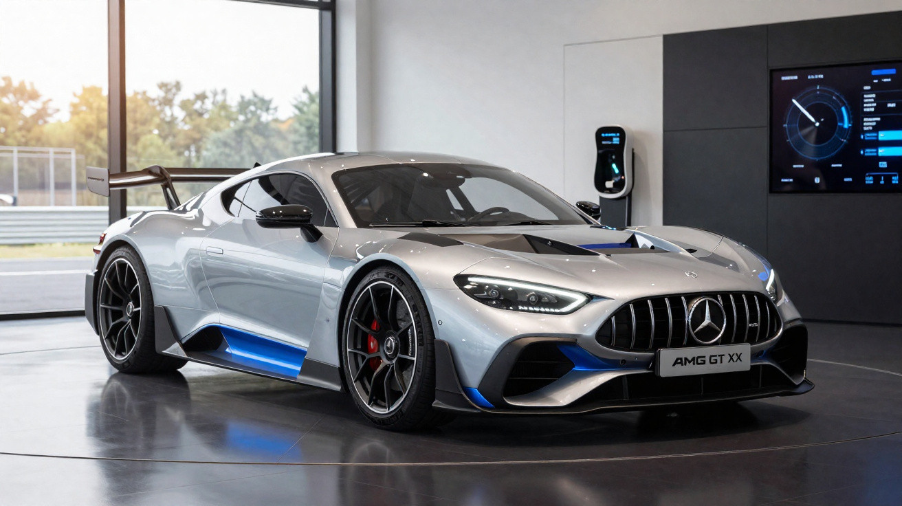 Carro esportivo prata Mercedes-AMG GT XX em exposição interna com detalhes azuis e rodas pretas.