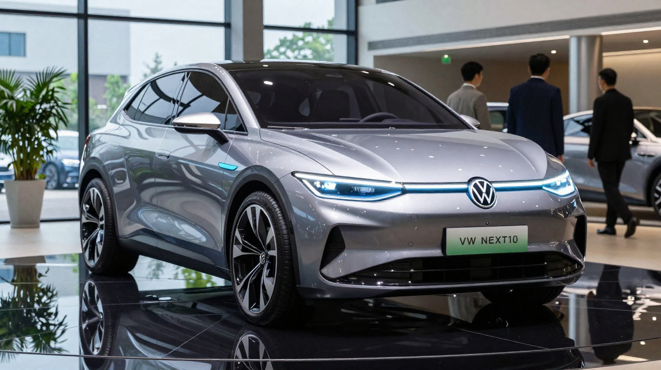 Carro elétrico prata VW Next10 em showroom moderno com piso espelhado e três pessoas ao fundo.