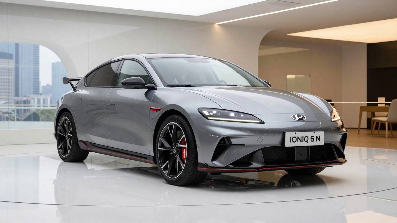 Carro esportivo elétrico Hyundai Ioniq 6 N cinza exposto em ambiente interno moderno.