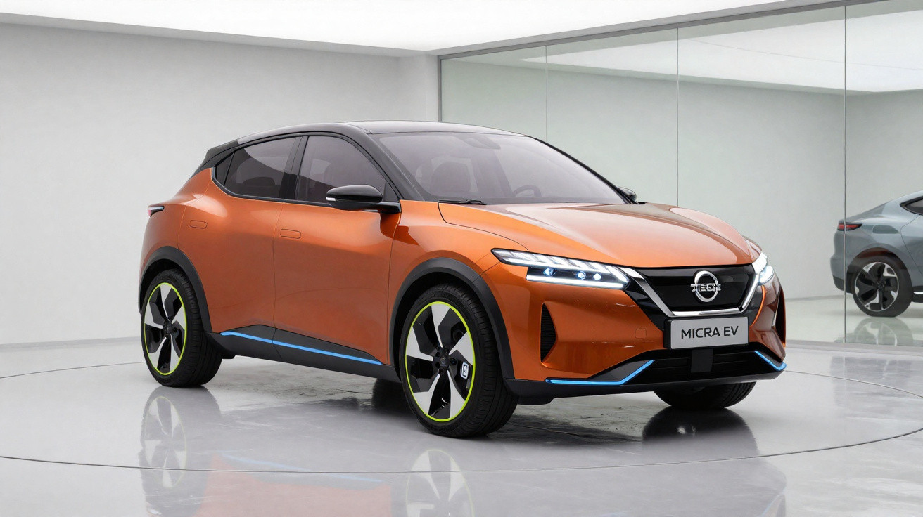 Carro elétrico Nissan Micra EV na cor laranja em ambiente interno com espelhos ao fundo.