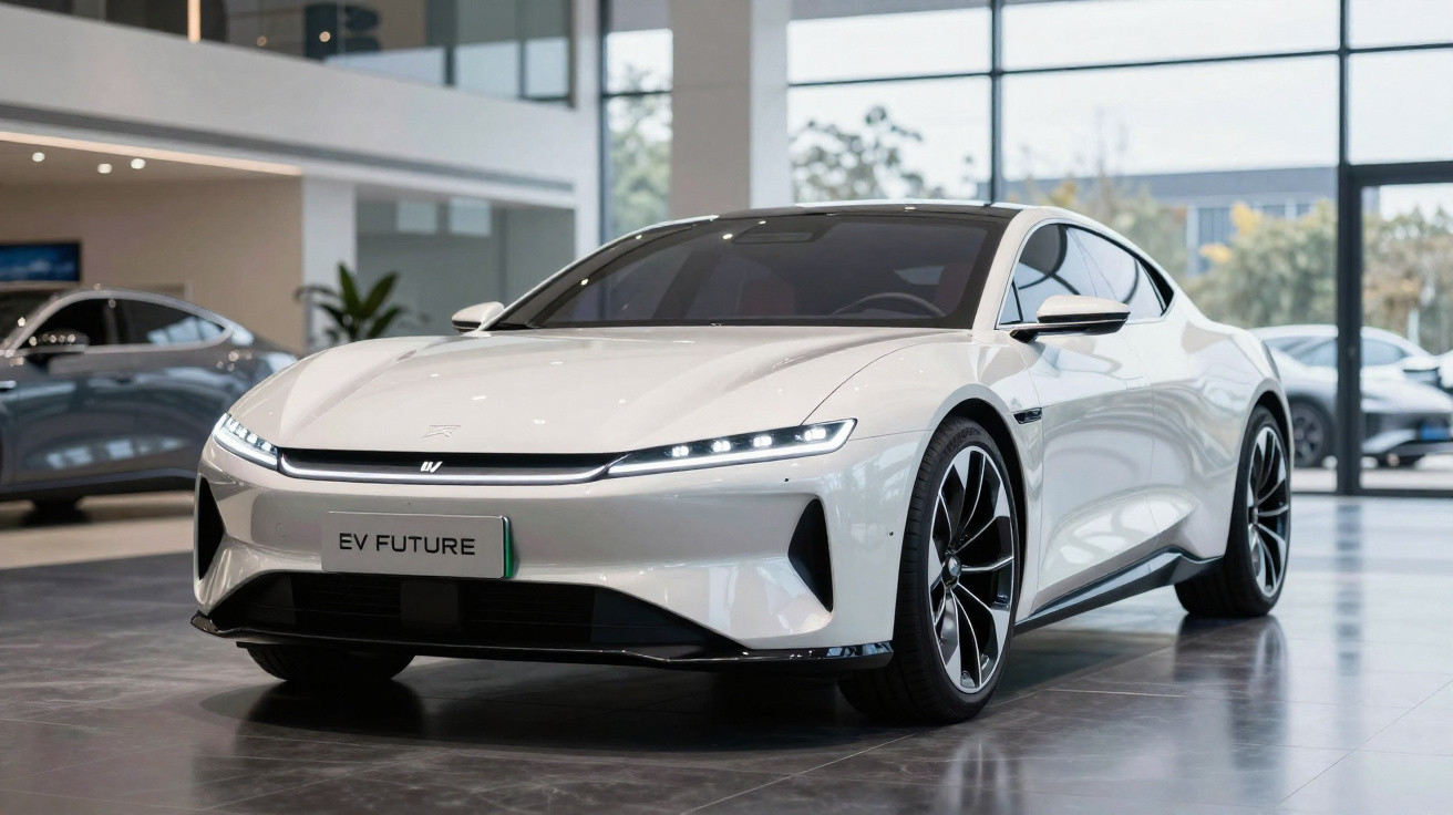 Carro elétrico esportivo branco EV Future exibido em showroom moderno com grandes janelas.