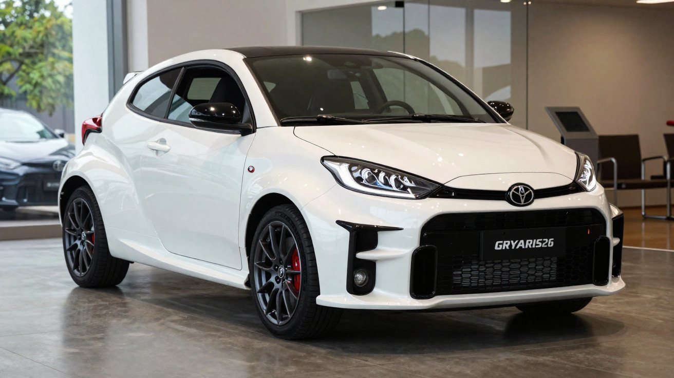 Carro esportivo branco Toyota GR Yaris 2023 estacionado em showroom moderno.