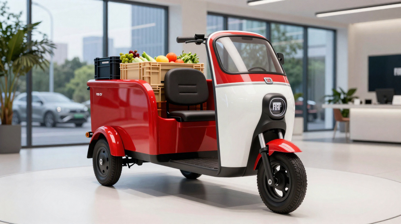 Triciclo elétrico Fiat vermelho e branco com carga de frutas e verduras em ambiente interno moderno.