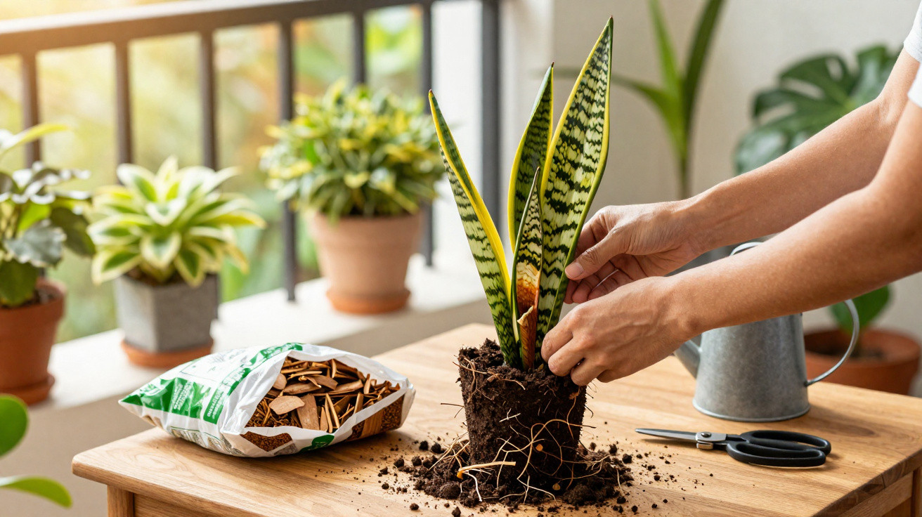 Pessoa transplantando planta sansevieria em vaso em mesa de madeira com vasos e regador ao fundo.