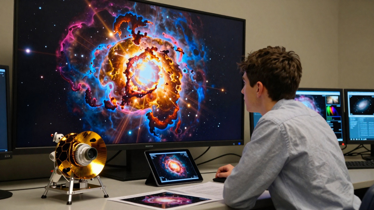Pessoa observando imagem colorida de nebula em tela grande com modelos de telescópios e outras telas ao fundo.
