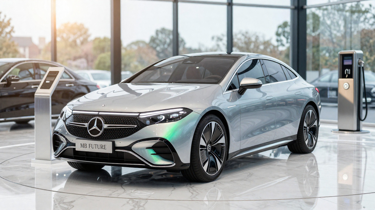 Carro elétrico prata Mercedes-Benz modelo MB Future exposto em salão com piso branco e vidros amplos.