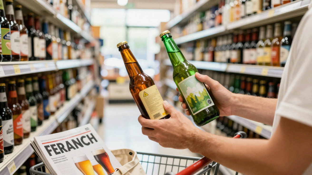 Pessoa segurando duas garrafas de cerveja em corredor de supermercado, comparando rótulos.