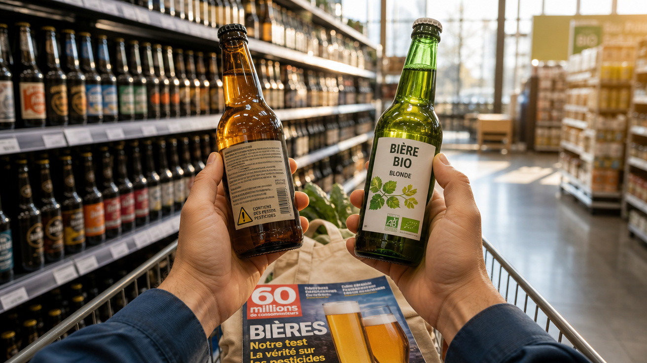 Pessoa segurando duas garrafas de cerveja orgânica em corredor de supermercado, em cima de carrinho de compras.