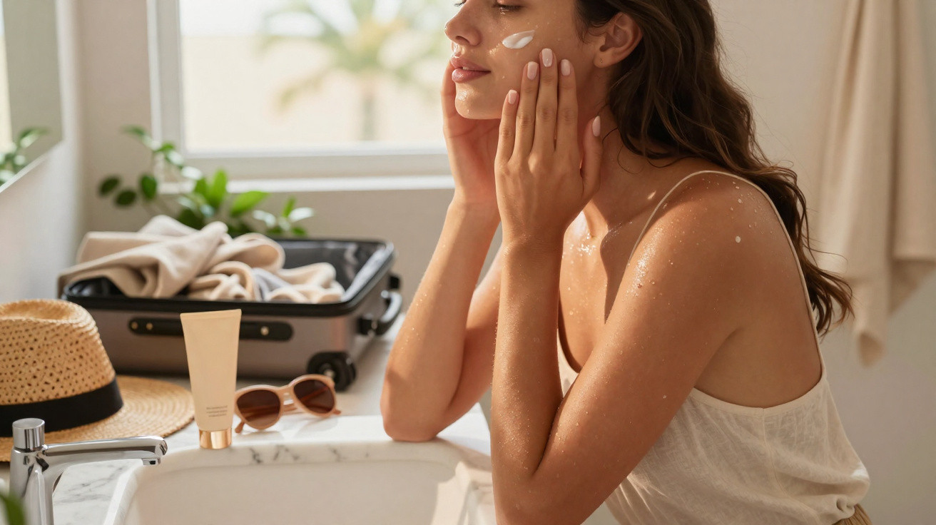 Mulher aplica creme facial em frente à pia com mala, chapéu e óculos ao fundo em ambiente iluminado.
