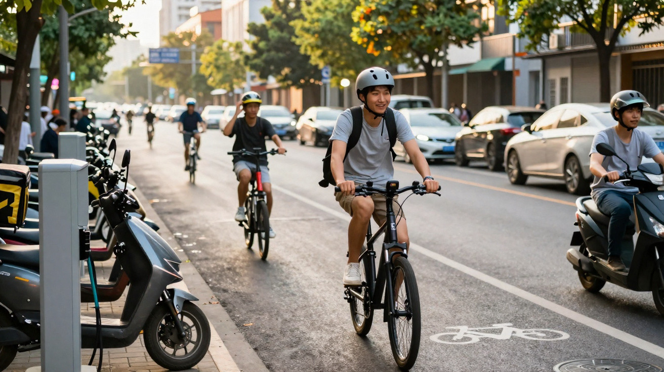 Jovens usando capacetes pedalando bicicletas na ciclovia de uma rua com carros ao lado.
