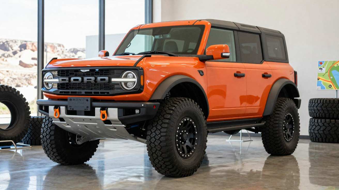 SUV Ford Bronco vermelho-laranja com pneus grandes, exibido em showroom iluminado por janelas.