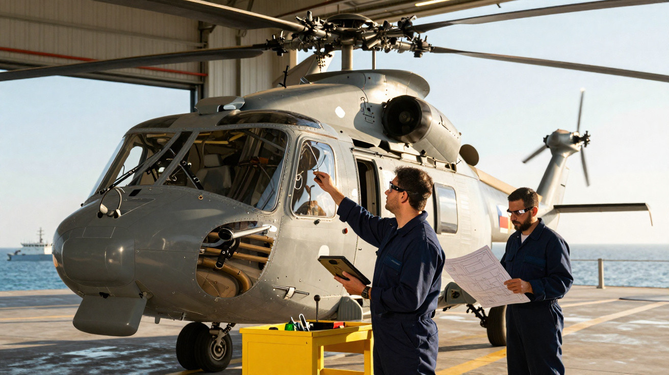 Técnicos inspecionam helicóptero cinza em hangar próximo ao mar durante o dia, com equipamentos e pranchetas.