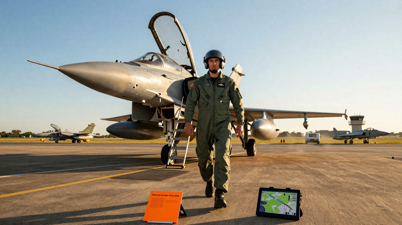 Piloto militar caminhando em pista de aeroporto próximo a caça em solo com cabine aberta ao amanhecer.