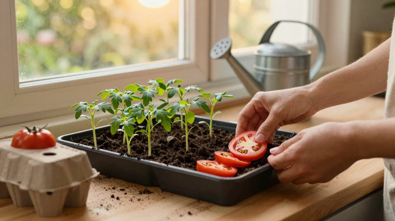 Mãos colocando fatias de tomate em bandeja com mudas de tomateiro em terra, perto de janela e regador.