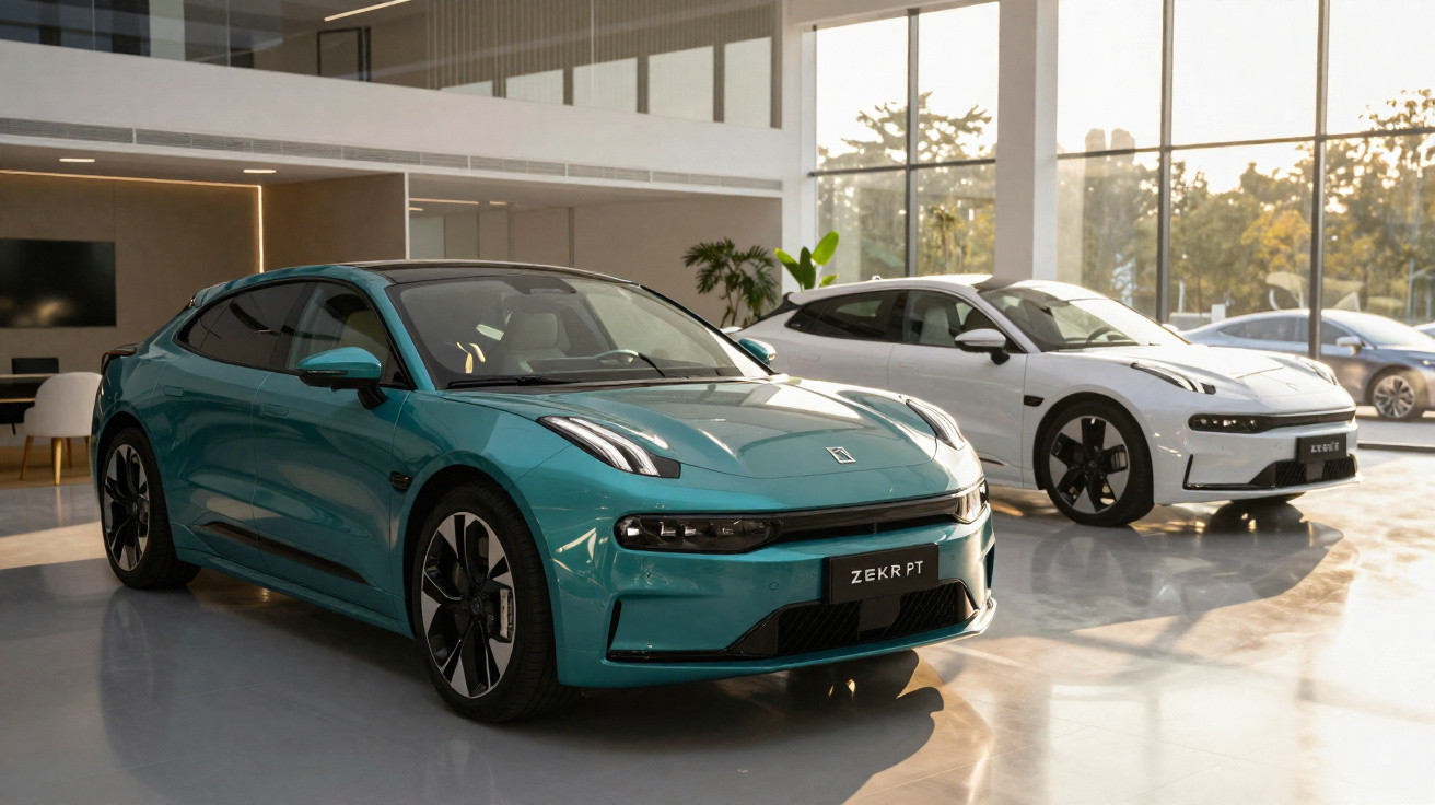 Dois carros elétricos Zekr PT, um azul e outro branco, expostos em showroom moderno com iluminação natural.