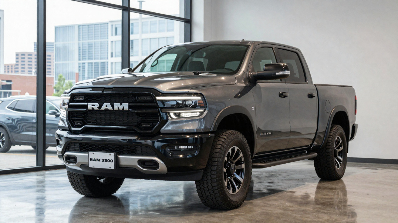 Picape preta RAM 3500 estacionada em showroom com piso de cimento polido.