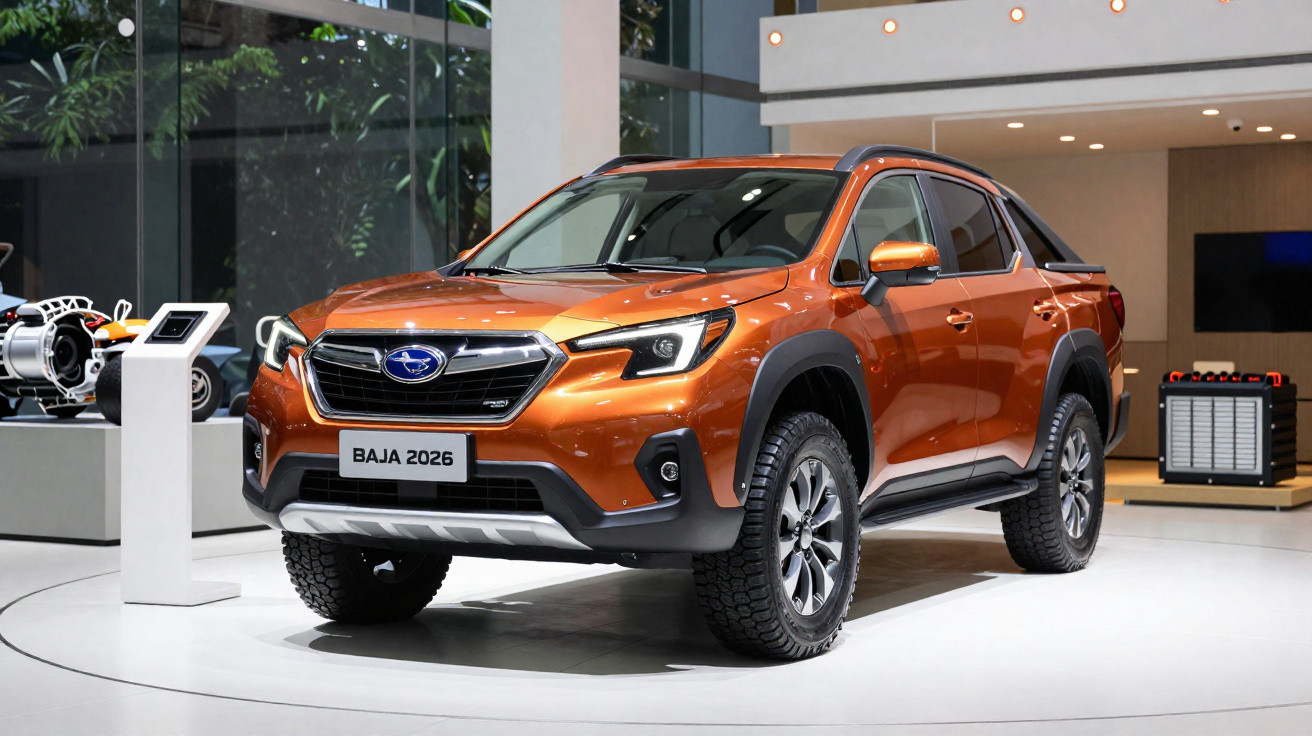 Picape Subaru Baja 2026 laranja exposta em salão automotivo com iluminação moderna.