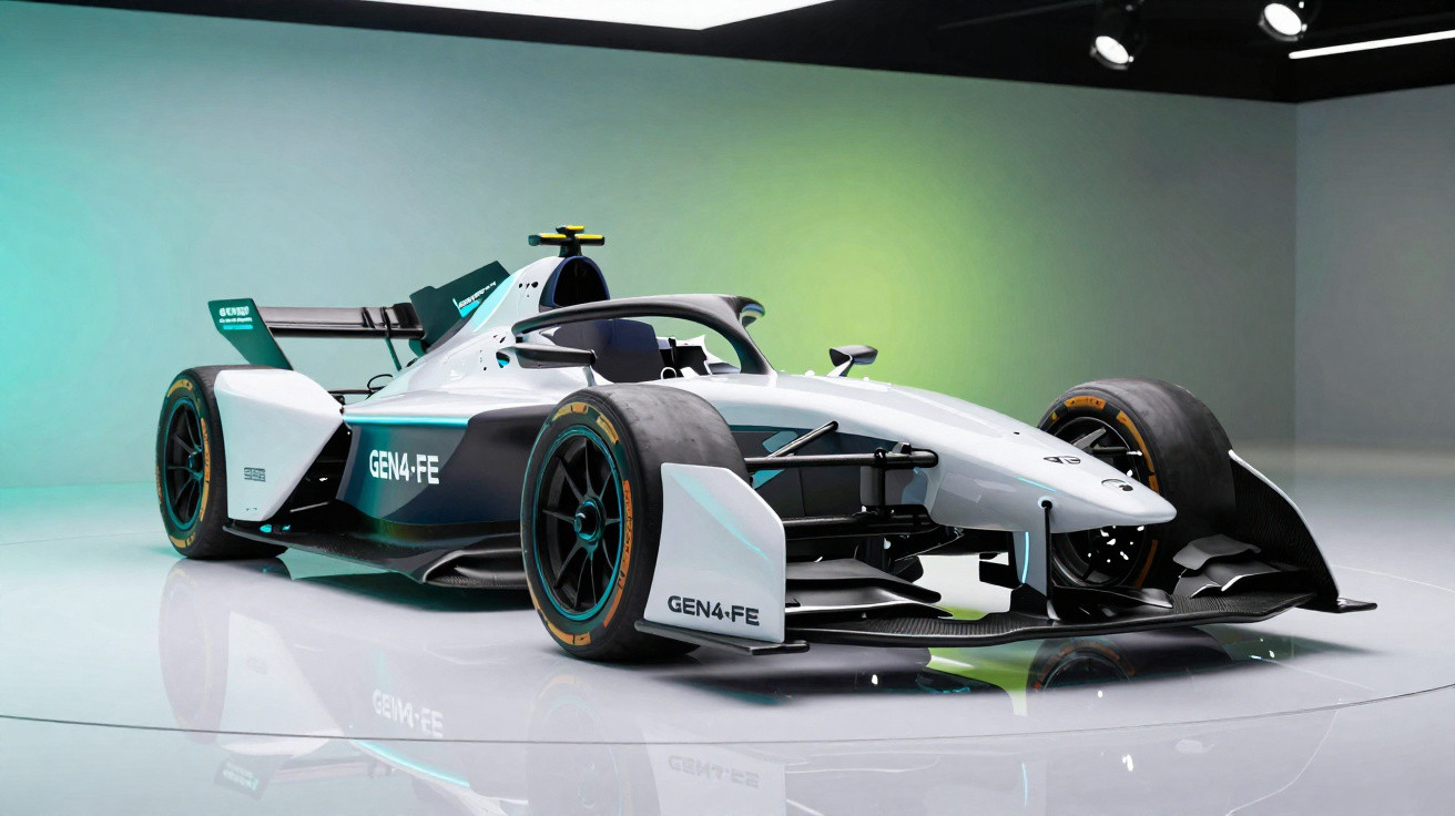 Carro de corrida elétrico GEN4-FE branco e verde, em estúdio com iluminação suave.