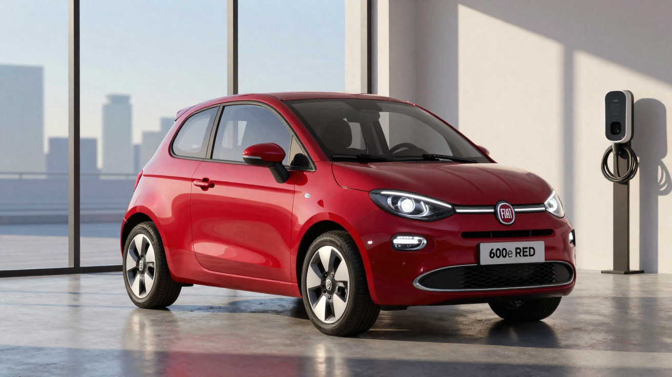 Carro elétrico Fiat 600e vermelho estacionado perto de carregador em ambiente moderno com janelas grandes.