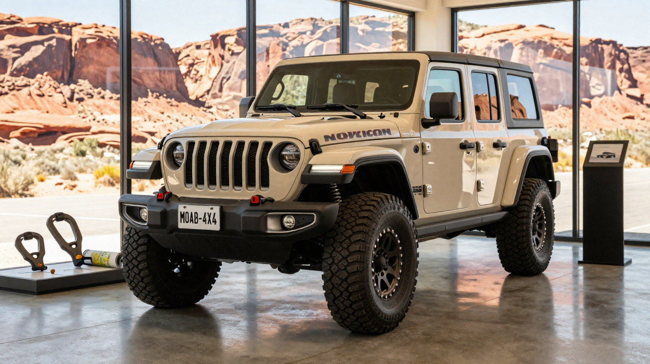 Jeep Wrangler 4x4 bege com pneus off-road exposto em ambiente interno com janelas e paisagem desértica ao fundo.