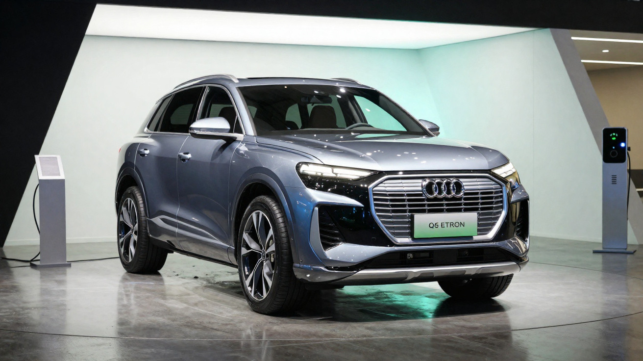 Audi Q6 E Tron cinza exibido em showroom com carregadores elétricos ao fundo.