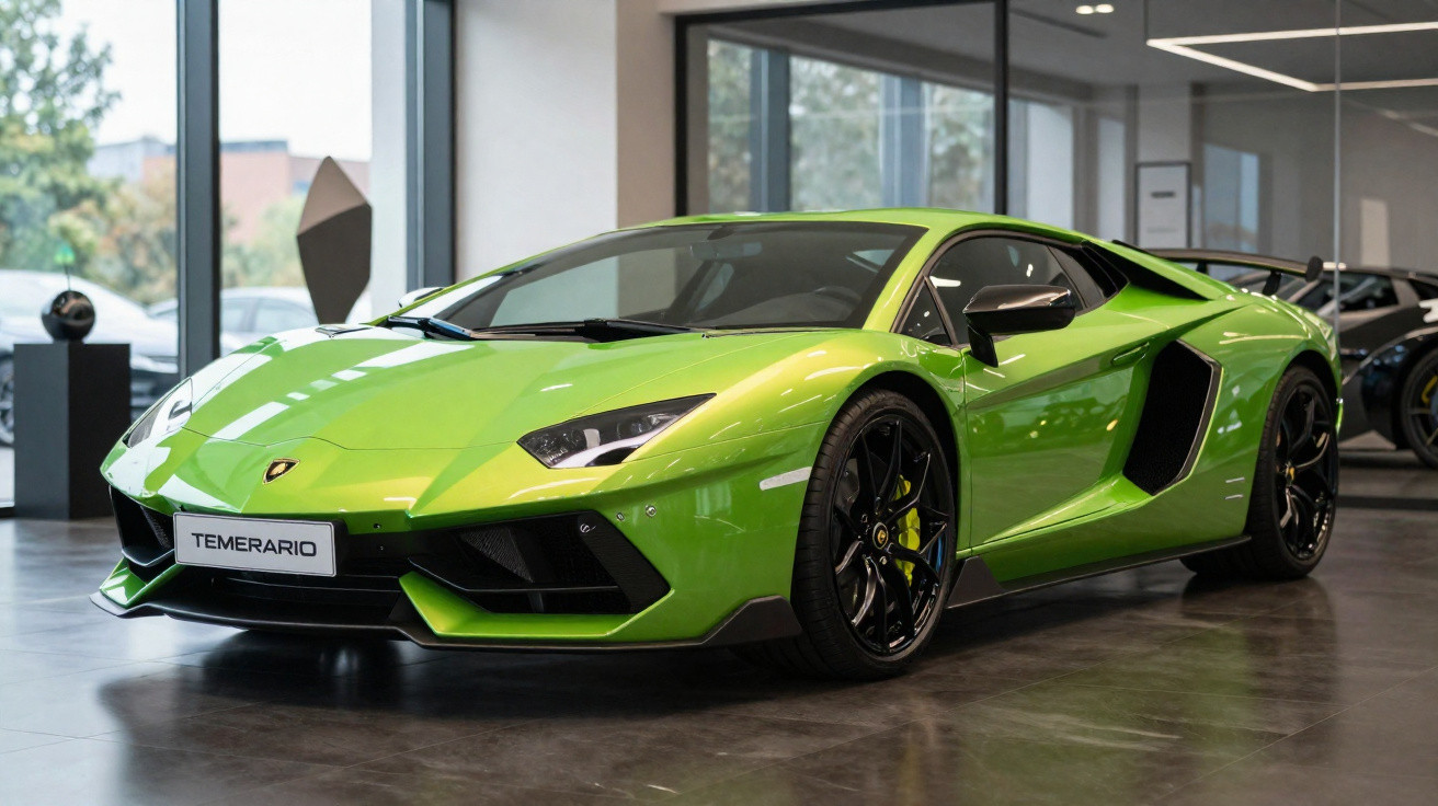 Carro esportivo Lamborghini verde brilhante em uma sala de exposição moderna com piso cinza.