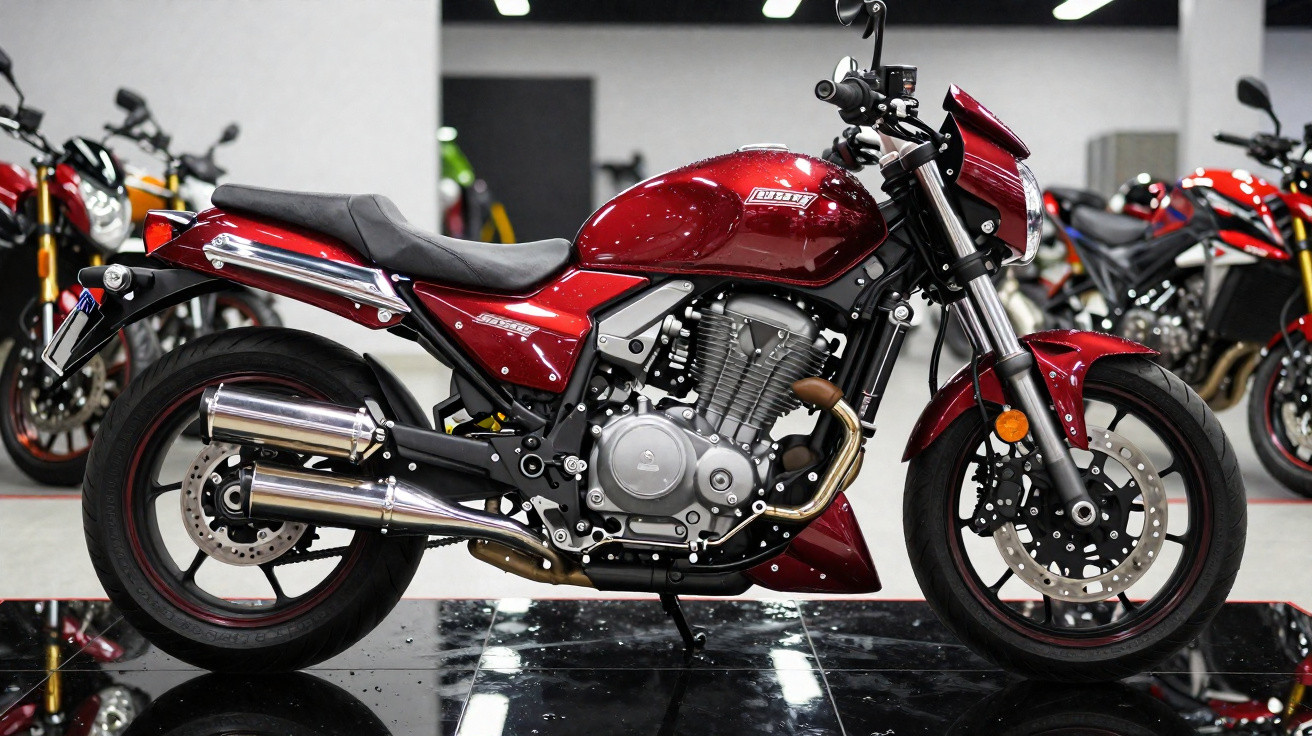 Motocicleta esportiva vermelha com escapamento cromado exposta em salão de motos.