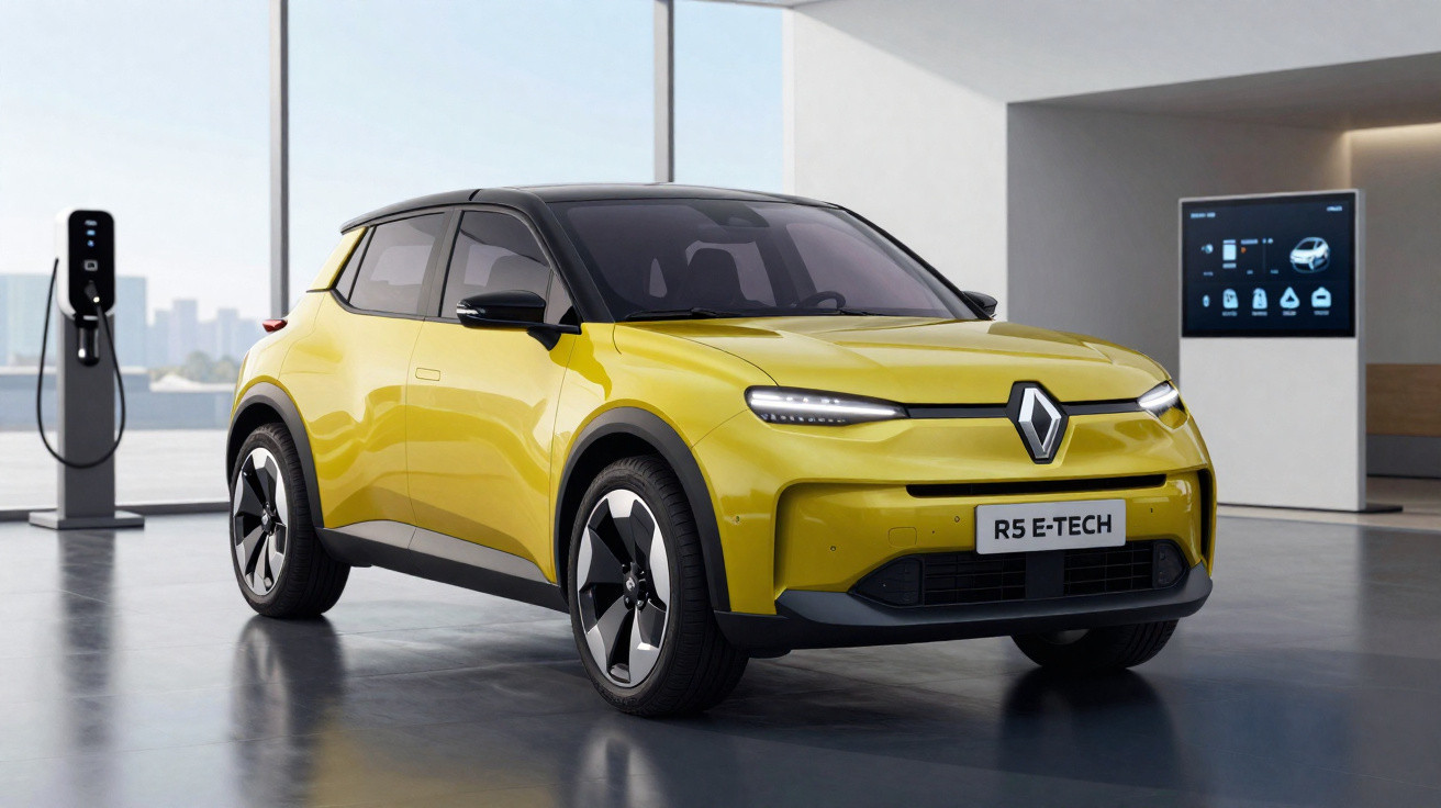 Carro elétrico Renault R5 E-TECH amarelo em showroom moderno com estação de recarga ao fundo.