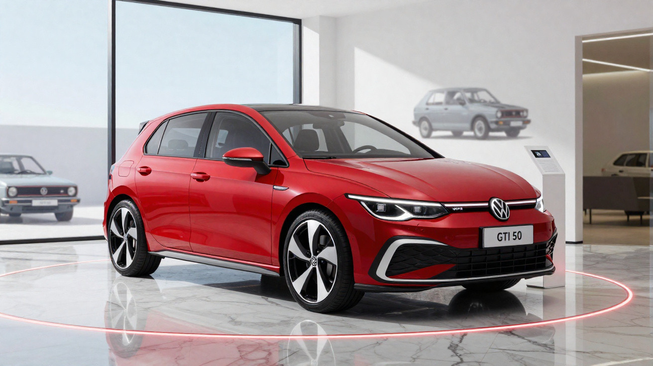 Carro Volkswagen GTI 50 vermelho exibido em showroom moderno com piso de mármore.