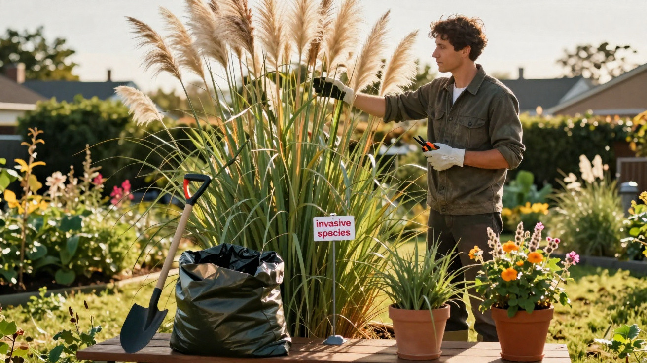 Homem cuidando de planta invasora em jardim com pá, saco de lixo e vasos de flores.