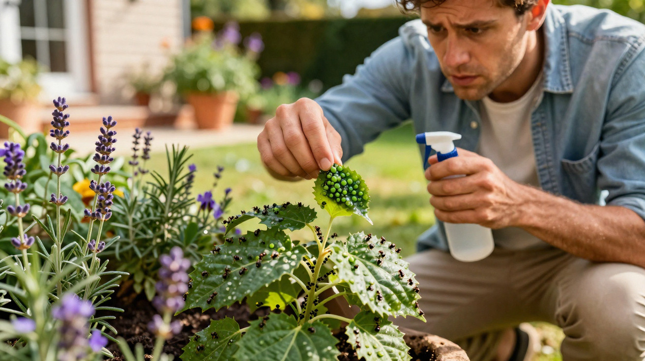 Homem cuidando de plantas em vaso, removendo pragas e usando pulverizador branco no jardim.