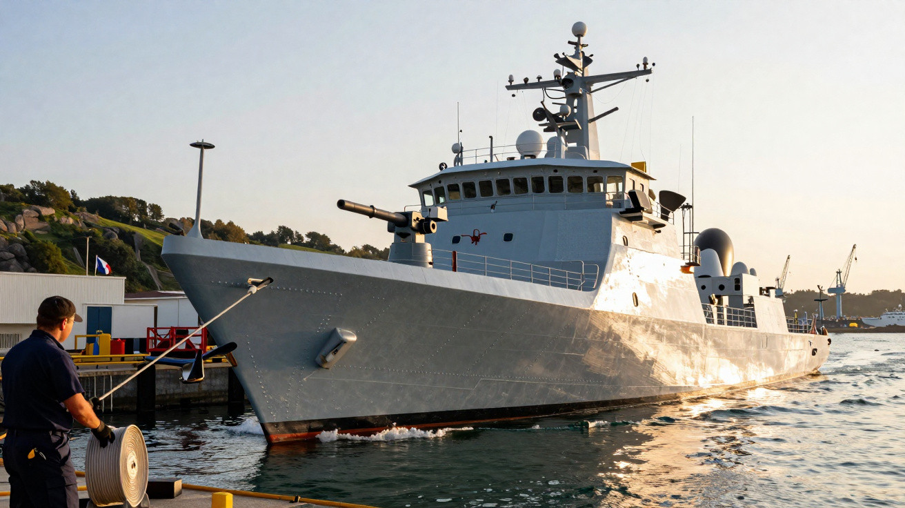 Homem manuseia cabo enquanto navio de guerra cinza está atracado em porto ao entardecer.