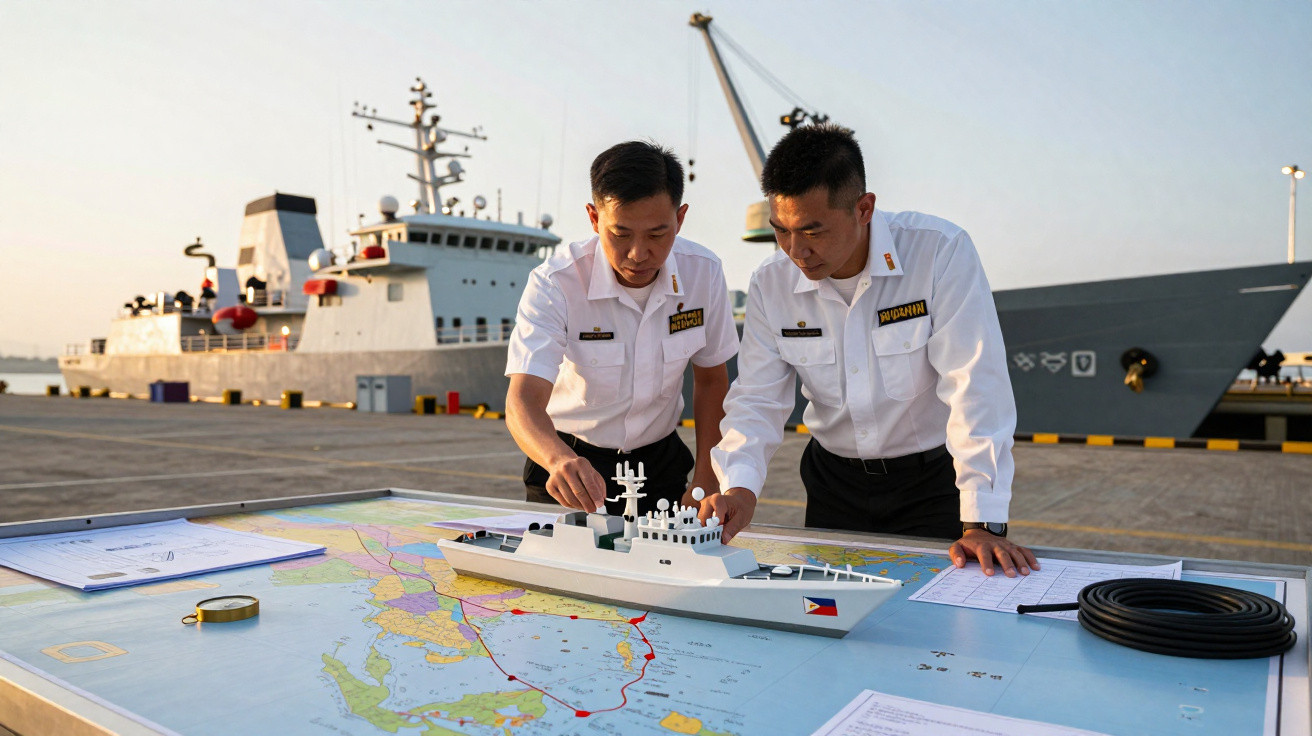 Dois marinheiros em uniforme branco analisando maquete de navio sobre mapa náutico em porto.