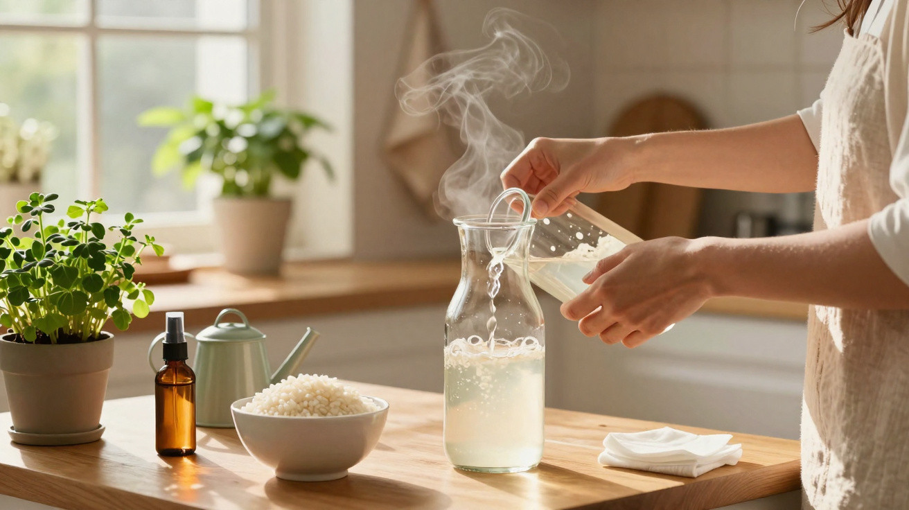 Pessoa despejando água quente vapor no jarro em cozinha iluminada com plantas e arroz ao fundo.