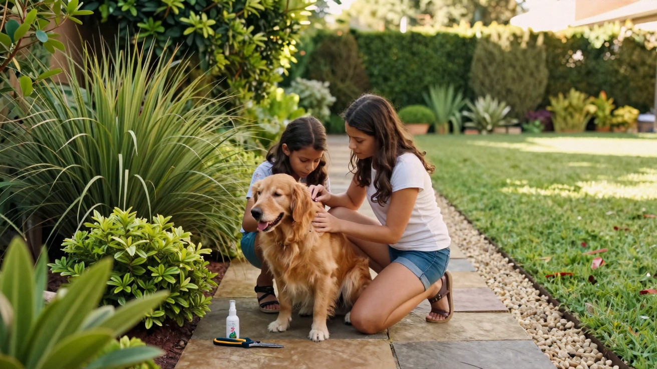 Duas meninas cuidam de um cachorro dourado em um jardim com plantas e gramado.