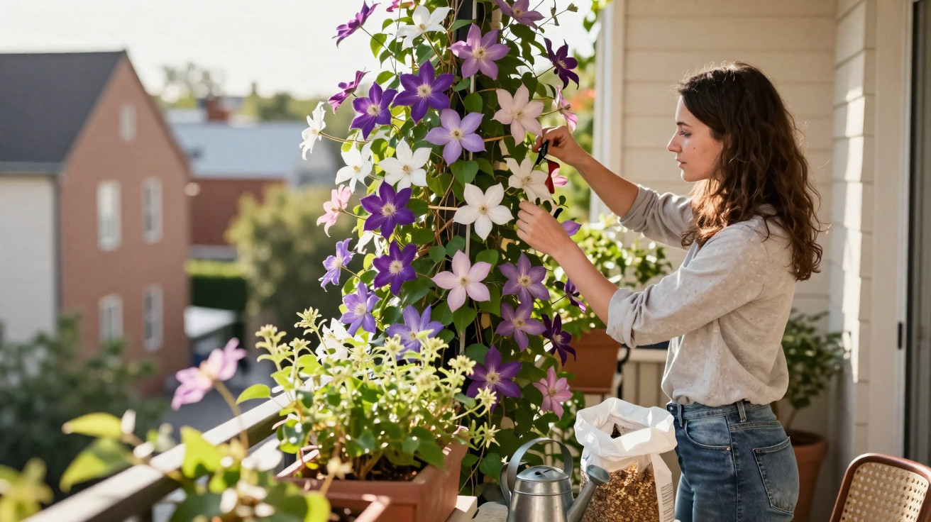 Mulher cuidando de flores roxas e brancas em varanda ensolarada com plantas em vasos.