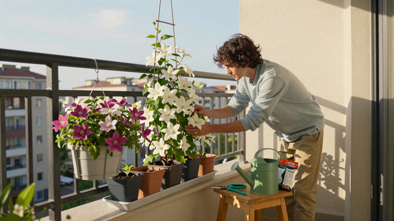 Homem cuidando de flores brancas e roxas em vasos no parapeito de sacada ensolarada.