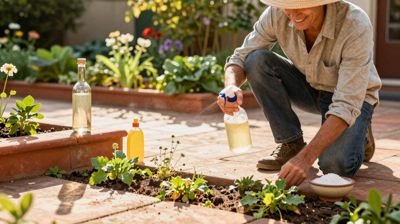 Homem sorridente regando plantas em jardim com pulverizador, usando chapéu e roupa casual.